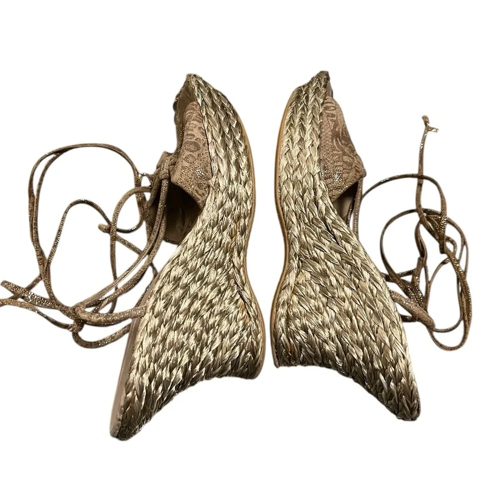 Stuart Weitzman Wishful suede espadrille wedge Nairobi patch bow lace up ankle - Picture 7 of 12